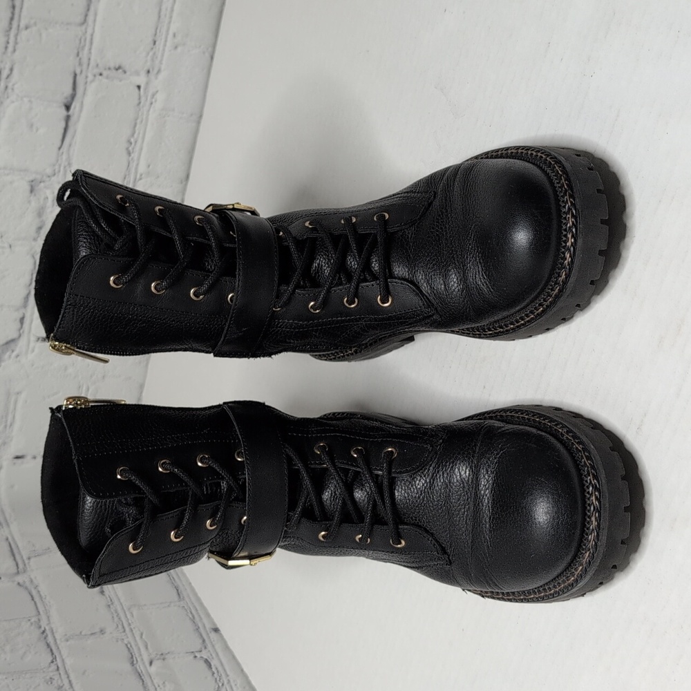 Vince Camuto Repla Black Leather Lace Up Moto Combat Boots - Picture 3 of 8